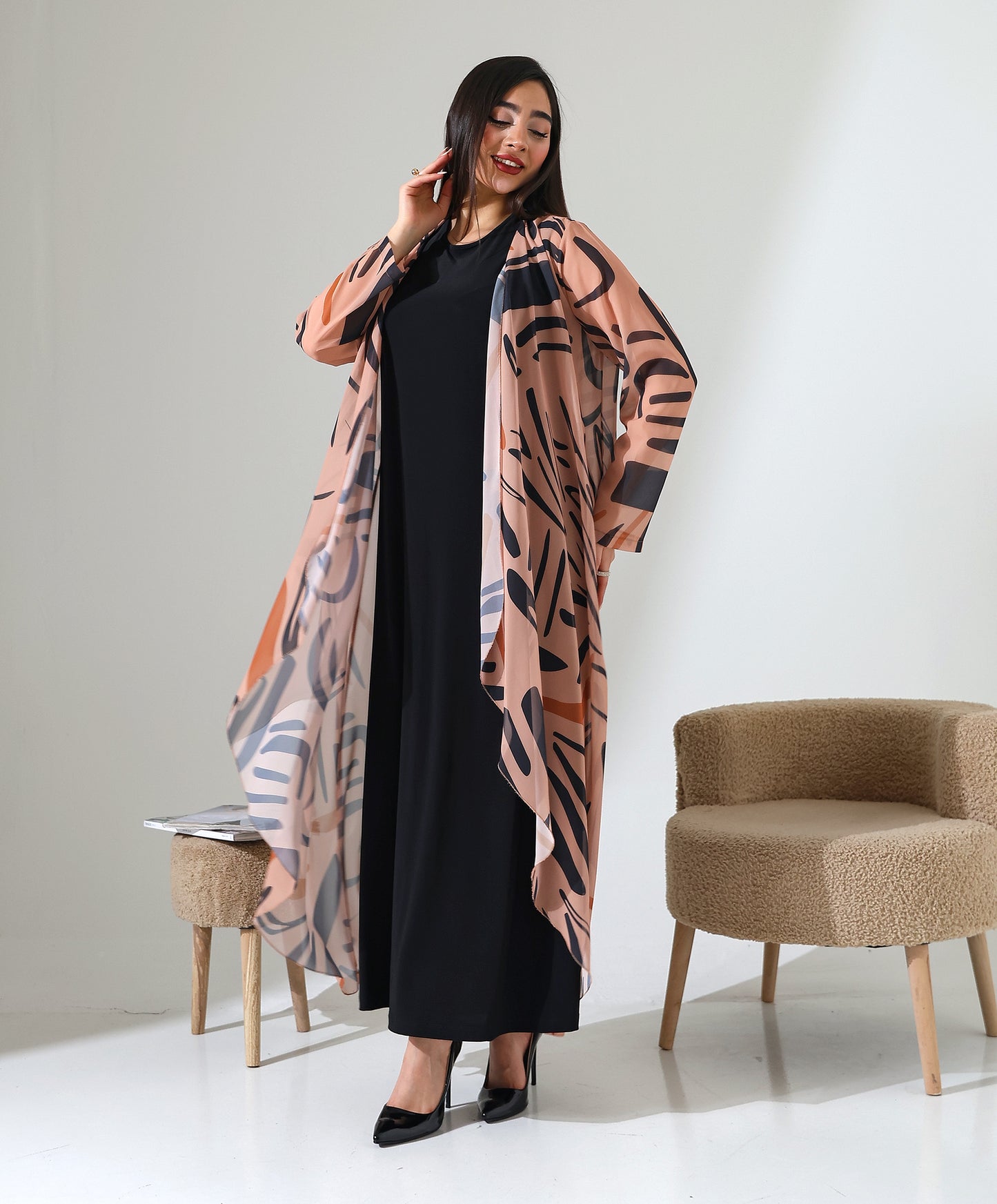 Gemusteter Chiffon-Cardigan mit Schalkragen