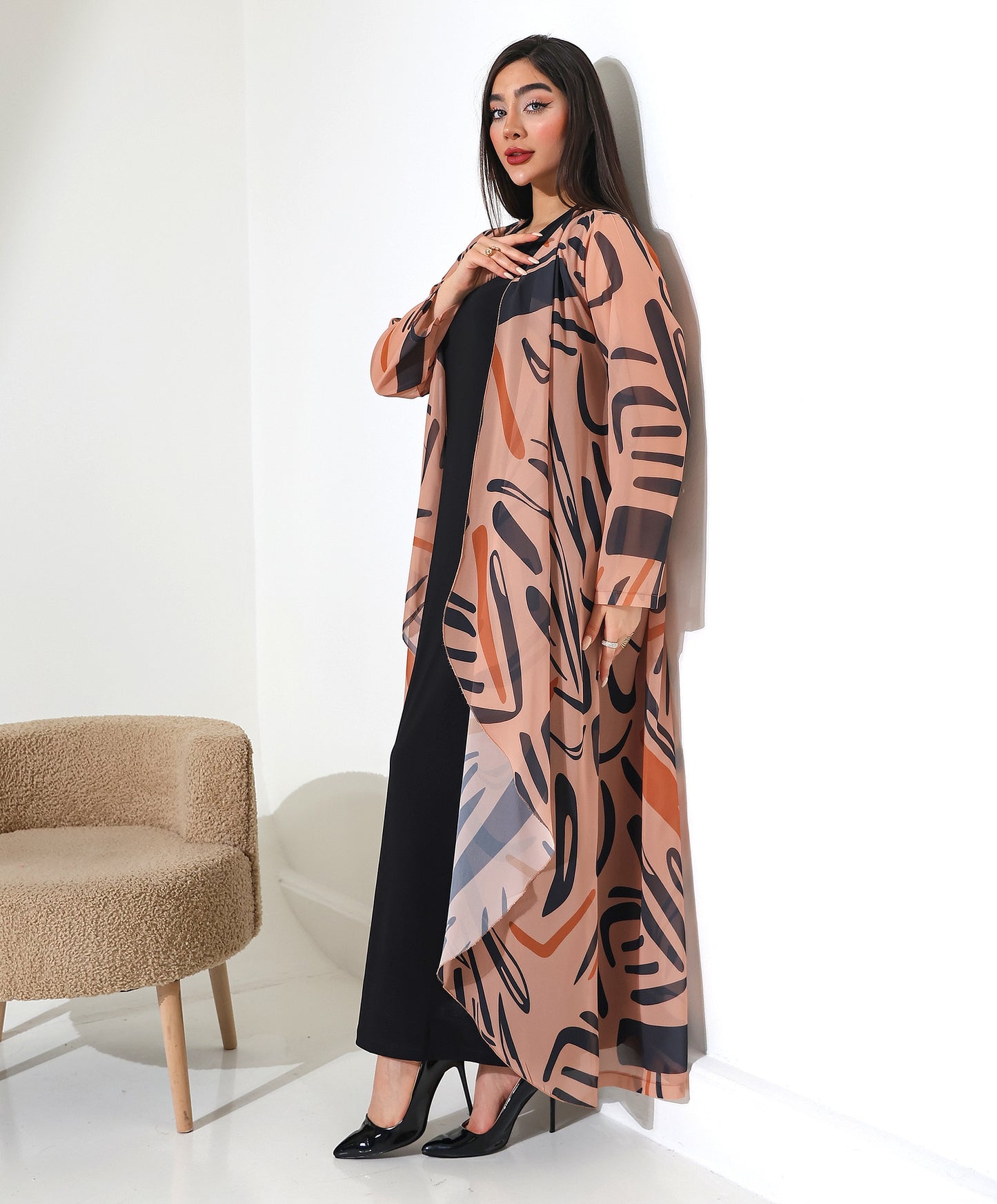 Gemusteter Chiffon-Cardigan mit Schalkragen